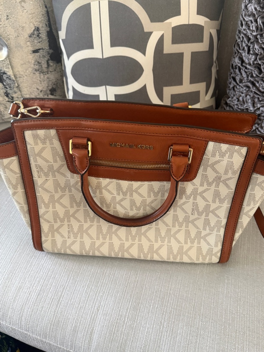 Michael Kors Beige MK Logo Canvas Satchel with Brown Leather Trim